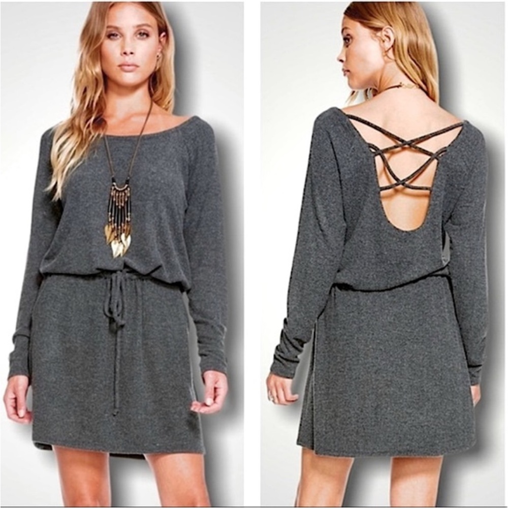 NWT, CHASER, Women’s Dark Gray Jersey Knit Cross Back Mini Dress - Picture 1 of 6